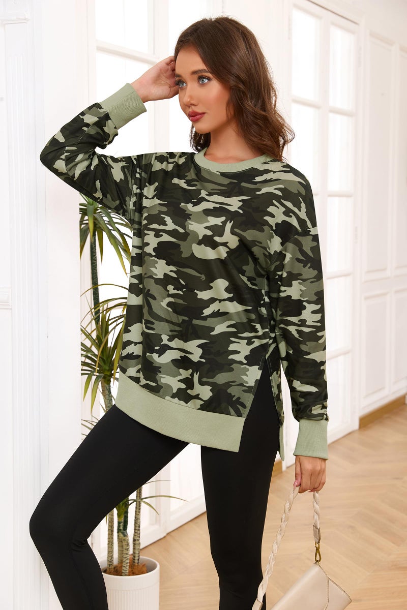ECOWISH Women Side Split Sweatshirt: Fall Crewneck Long Sleeve Oversized Camo Shirts Casual Camouflage Print Pullover Tops 017 Beige L 472 Army Green M - Image 3