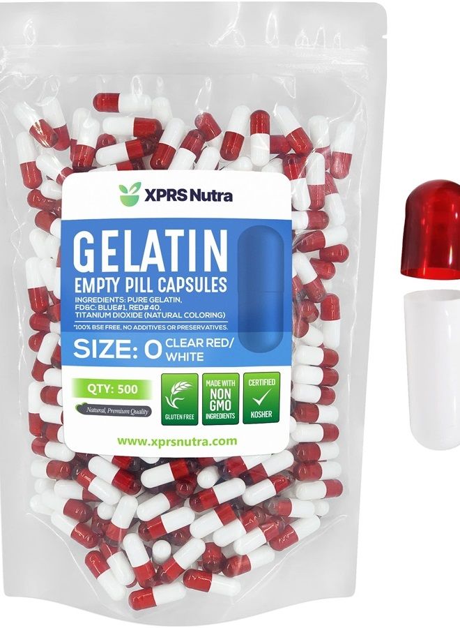 XPRS Nutra كبسولات فارغة حجم 0 - 500 كبسولة كبسولات جيلاتين فارغة - كبسولات إكسبريس كبسولات حبوب فارغة - تعبئة كبسولات بنفسك - كبسولات حبوب بقرية فارغة جيلاتين شفاف (أحمر/أبيض) - Image 1
