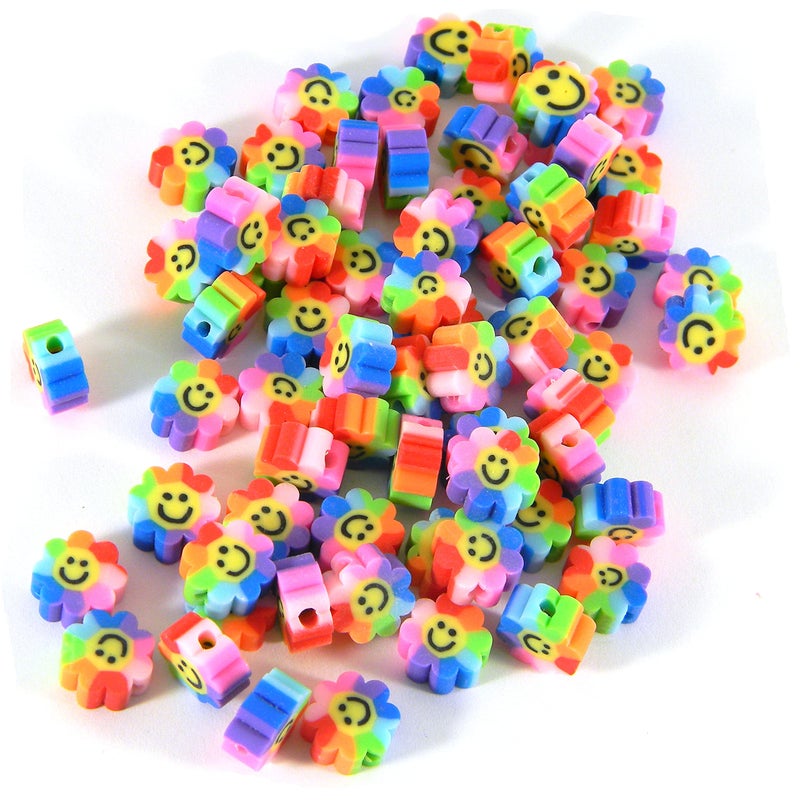 50 Rainbow Colored 10mm Polymer Clay Smiley Face 10mm x 4mm Flat Flower Beads