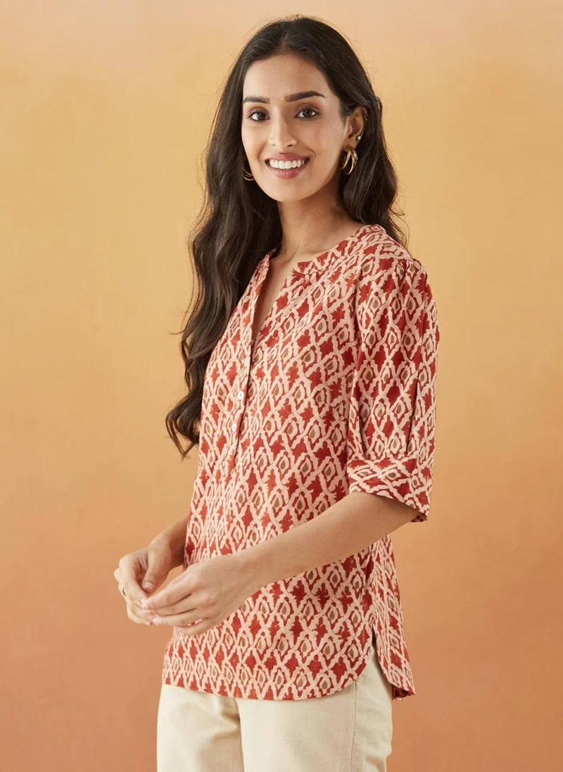 فاب انديا Maroon Cotton Kalamkari Printed Top