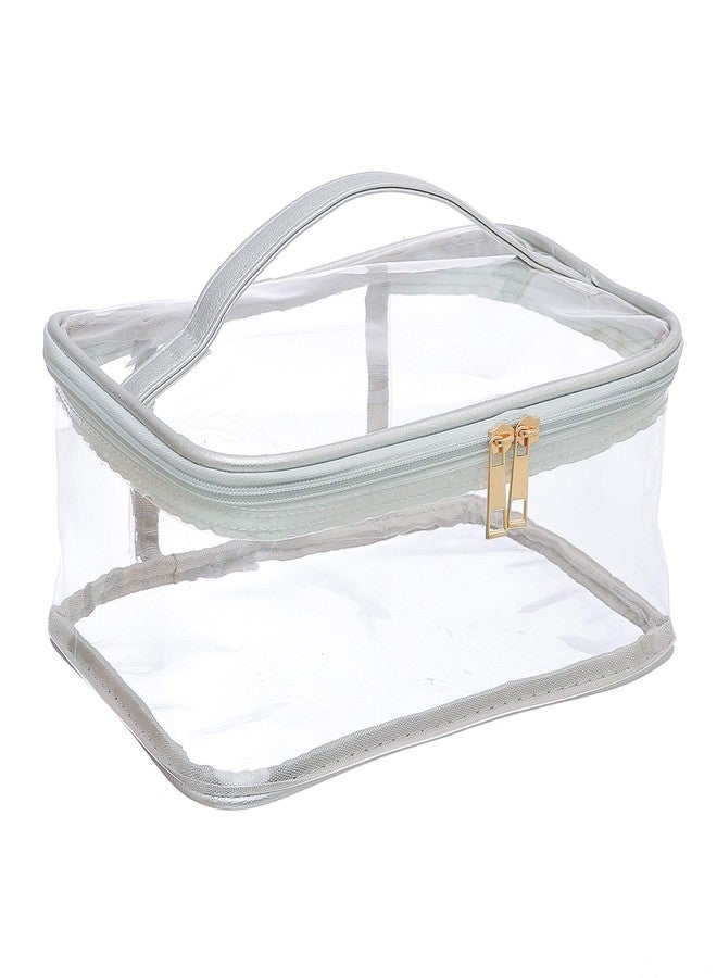 EzPacking Large Cosmetic Bag for Women / Clear, See-Through Makeup, Hair & Nail Accessories Pouch for Travel or Home / Transparent PVC Plastic Organizer, Spacious Interior, Handle & Double Zippers (Silver) - Image 1