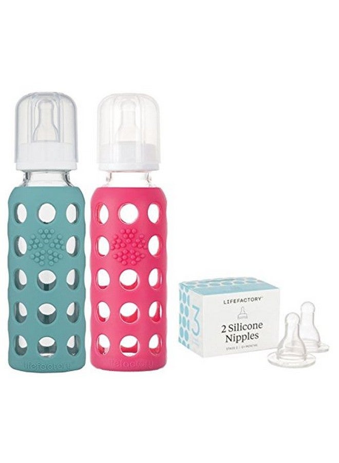 Lifefactory 9oz Glass Baby Bottle 2pk Bundle with 2 Stage 3 Nipples (Kale/Raspberry) - Image 1