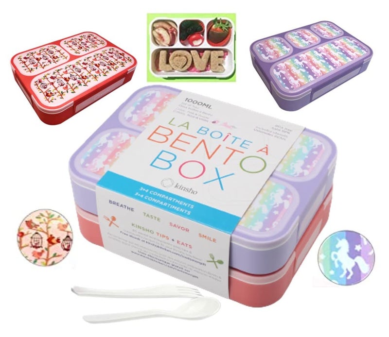 Kinsho Bento Box Lunch Boxes for Girls  Toddler Snack Containers for PreSchool DayCare Kids BPA Free  4 Divider Compartments Cute Pink Flower Purple Unicorn 2 pack 