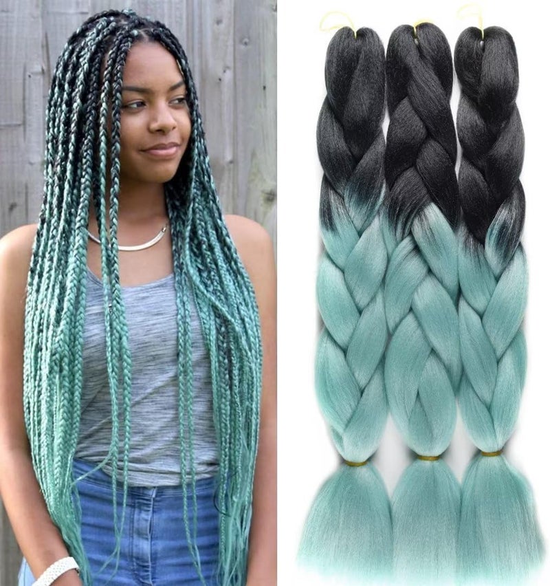 Excefore Ombre Braiding Hair, 24 Inch, 3 Pack, Heat Resistant Synthetic, Black-Light Blue - Image 1