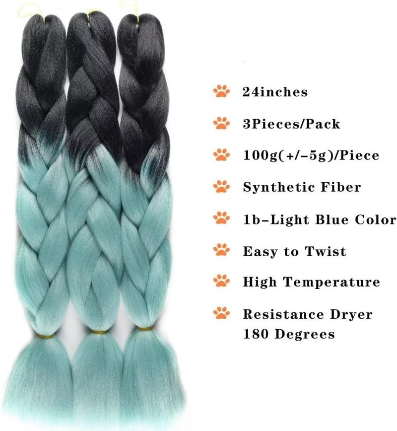 Excefore Ombre Braiding Hair, 24 Inch, 3 Pack, Heat Resistant Synthetic, Black-Light Blue - Image 3