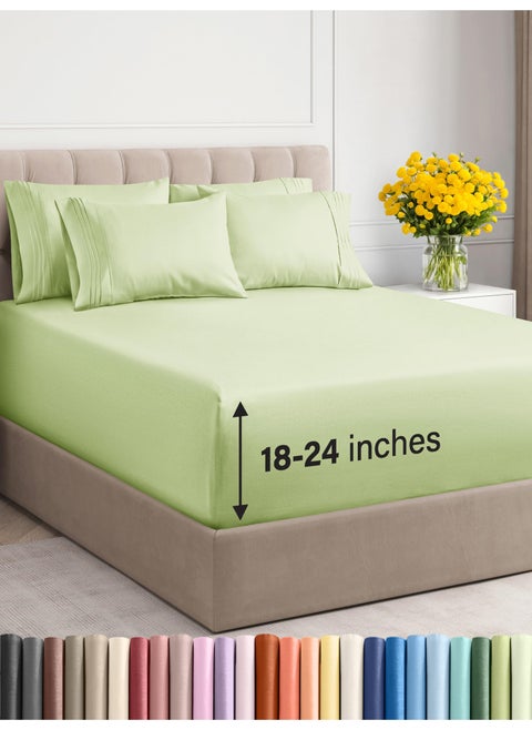 Extra Deep King Sheet Set - 6 Piece Breathable & Cooling Sheets - Hotel Luxury Bed Sheets Set - Easy & Secure Fit - Soft  Wrinkle Free & Comfy Sheets Set - Light Sage Sheet Set with Extra Deep Pockets