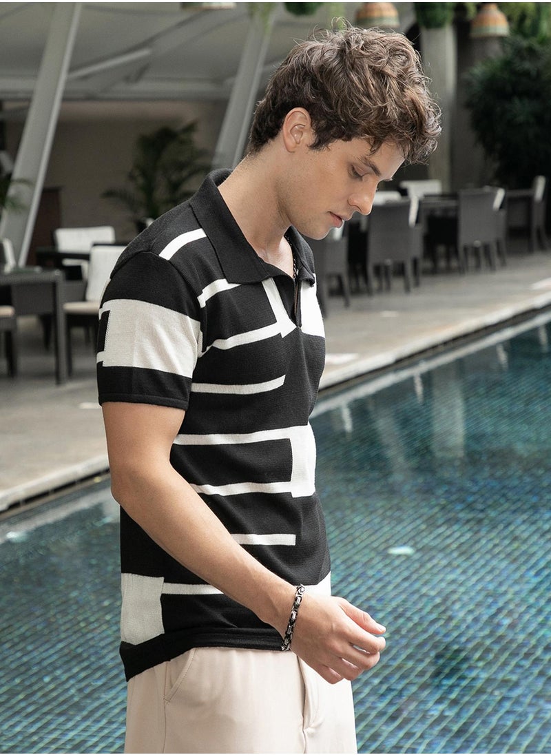 Campus Sutra Men's Onyx Black & Chalk White Contrast-Block Polo T-Shirt  - Image 3