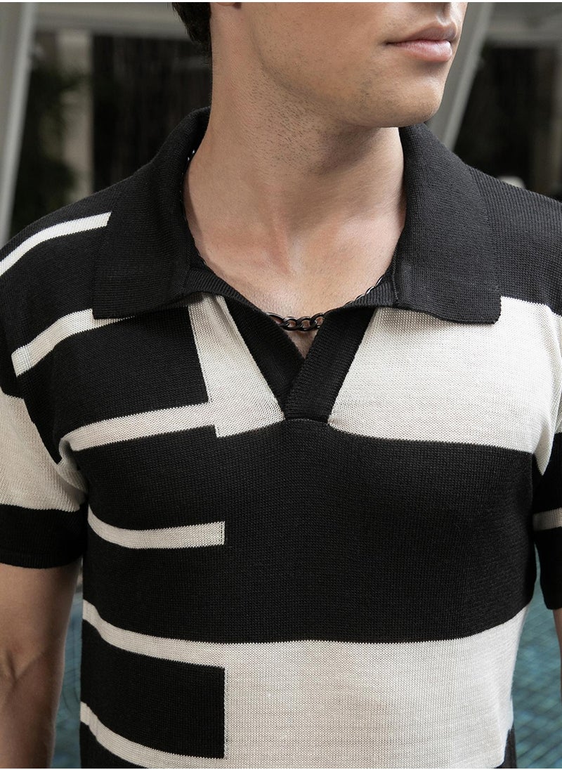 Campus Sutra - Men's Onyx Black & Chalk White Contrast-Block Polo T-Shirt - Image 1