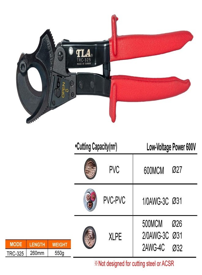 TLA Teleantool (TLA) TRC-325 Ratcheting Cable Cutter - Cuts Copper, Aluminum & Multi-Core Cables up to 325mm², Built for Pros & DIY Projects - Image 2