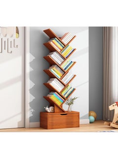 LEDIN 10-Tier Tree Bookshelf 10 Shelves with Drawer Modern Book Storage Free Standing Utility Organizer Shelves (Brown, 38D x 22W x 149H cm)  - Image 1