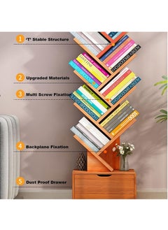 LEDIN 10-Tier Tree Bookshelf 10 Shelves with Drawer Modern Book Storage Free Standing Utility Organizer Shelves (Brown, 38D x 22W x 149H cm)  - Image 2