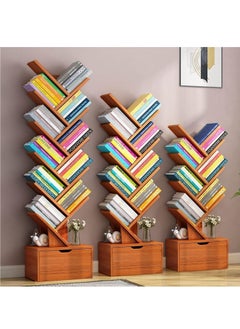 LEDIN 10-Tier Tree Bookshelf 10 Shelves with Drawer Modern Book Storage Free Standing Utility Organizer Shelves (Brown, 38D x 22W x 149H cm)  - Image 3