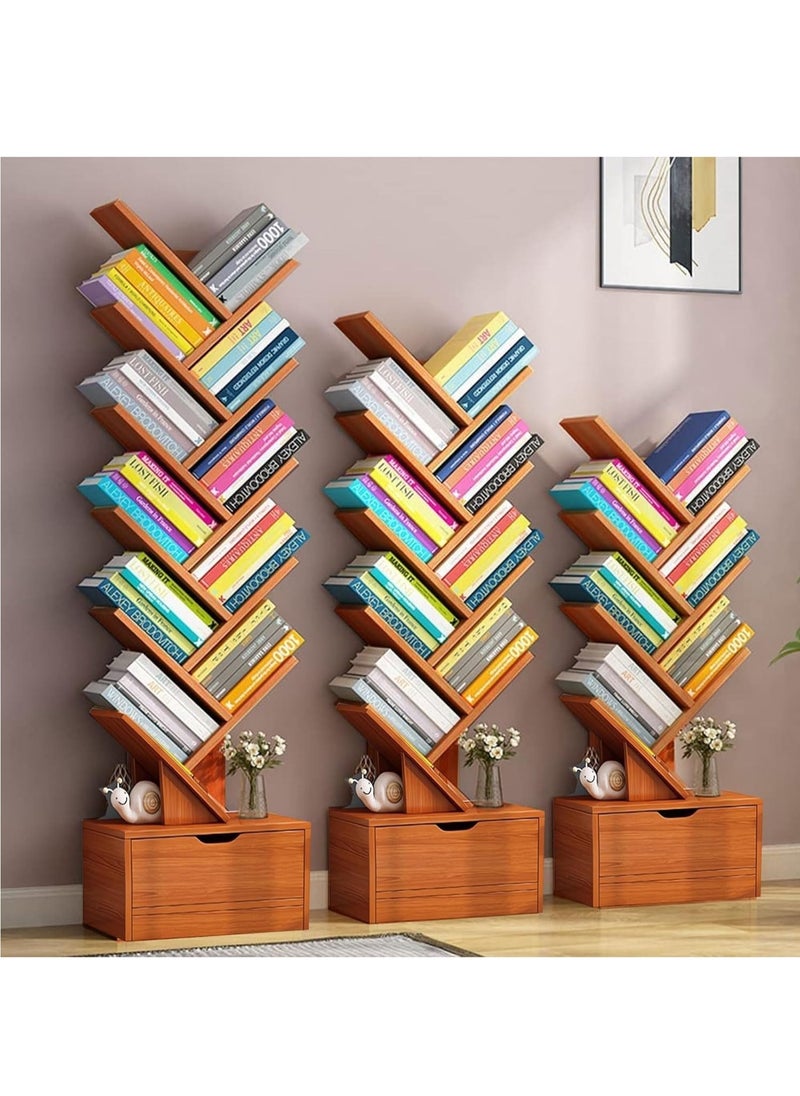 LEDIN - 10-Tier Tree Bookshelf 10 Shelves with Drawer Modern Book Storage Free Standing Utility Organizer Shelves (Brown, 38D x 22W x 149H cm) - Image 1