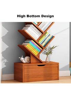 LEDIN 10-Tier Tree Bookshelf 10 Shelves with Drawer Modern Book Storage Free Standing Utility Organizer Shelves (Brown, 38D x 22W x 149H cm)  - Image 4