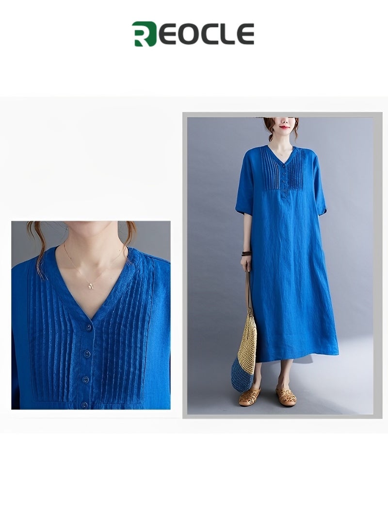 REOCLE Womens Dress Summer Cotton Linen Half Sleeve Dress Casual V-Neck Loose Long Dress Fashion Midi Dresses with Pockets V Neck Beach Dress Chic Party Dress - Image 5