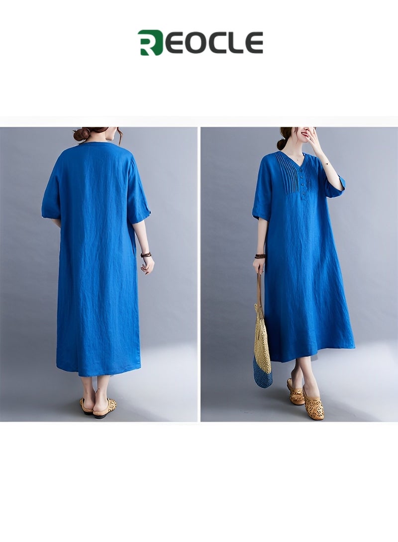 REOCLE Womens Dress Summer Cotton Linen Half Sleeve Dress Casual V-Neck Loose Long Dress Fashion Midi Dresses with Pockets V Neck Beach Dress Chic Party Dress - Image 4