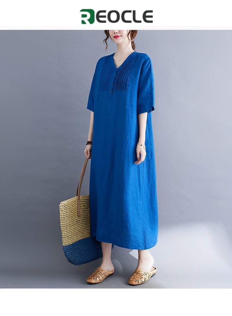 REOCLE Womens Dress Summer Cotton Linen Half Sleeve Dress Casual V-Neck Loose Long Dress Fashion Midi Dresses with Pockets V Neck Beach Dress Chic Party Dress - Image 2