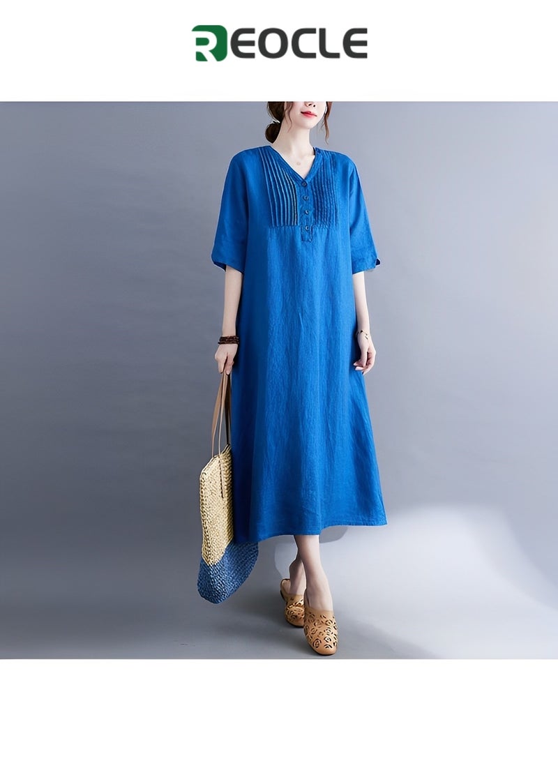 REOCLE Womens Dress Summer Cotton Linen Half Sleeve Dress Casual V-Neck Loose Long Dress Fashion Midi Dresses with Pockets V Neck Beach Dress Chic Party Dress - Image 3