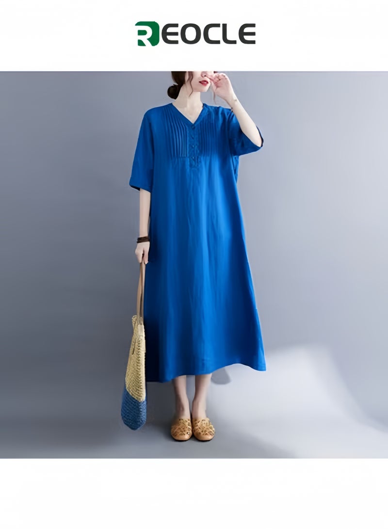 REOCLE Womens Dress Summer Cotton Linen Half Sleeve Dress Casual V-Neck Loose Long Dress Fashion Midi Dresses with Pockets V Neck Beach Dress Chic Party Dress - Image 1