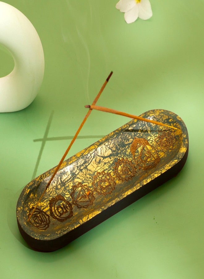 UnitedPrime Hand Carved Incense Holder-Incense Burner/Ash Catcher/Handmade Wooden Insence Tray – Modern Gift Home/Room/Seven Chakra Blue Gold Kitchen Décor Size 11x4x1.5 Inches - Image 1