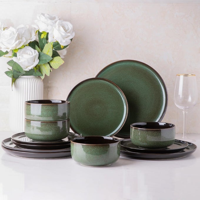 CERAMIC DINNERWARE SET FOR 4 PORECLAIN PLATES BOWLS HANDMADE REACTIVE GLAZE DISHES CHIP RESISTANT OVEN DISHWASHER SAFE SERVICE FOR 4