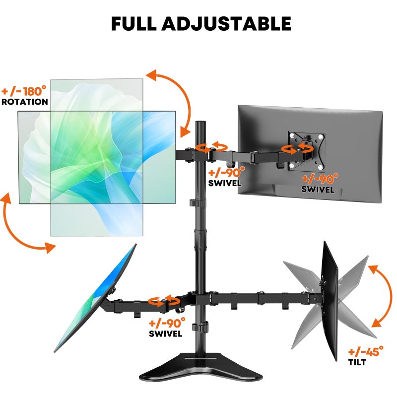PUTORSEN Quad Monitor Stand, Fully Adjustable Stacked 4 Screen Desk Mount for 17 to 32 Inch Computer Screens,Hold up to 19.8lbs Each,Black - Image 2