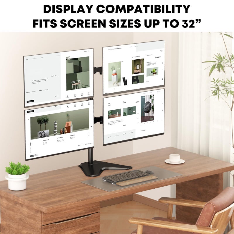 PUTORSEN Quad Monitor Stand, Fully Adjustable Stacked 4 Screen Desk Mount for 17 to 32 Inch Computer Screens,Hold up to 19.8lbs Each,Black - Image 1