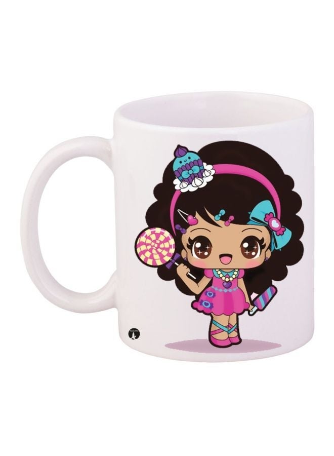 Cartoon Girl Printed Coffee Mug White/Pink/Black 11ounce