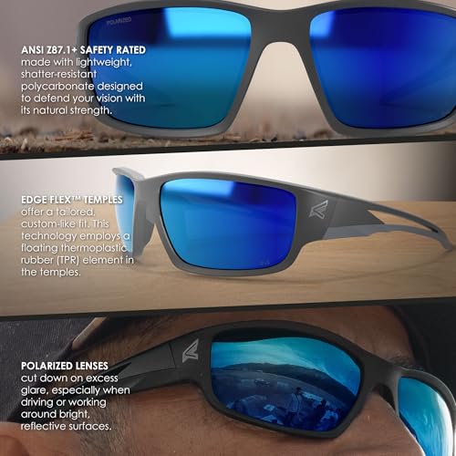 EDGE Kazbek Polarized Wrap-Around Safety Glasses, Anti-Scratch, Non-Slip, UV 400, Military Grade, ANSI/ISEA & MCEPS Compliant, 5.04" Wide (Black Frame/Aqua Precision Blue Mirror Lens) - Image 5