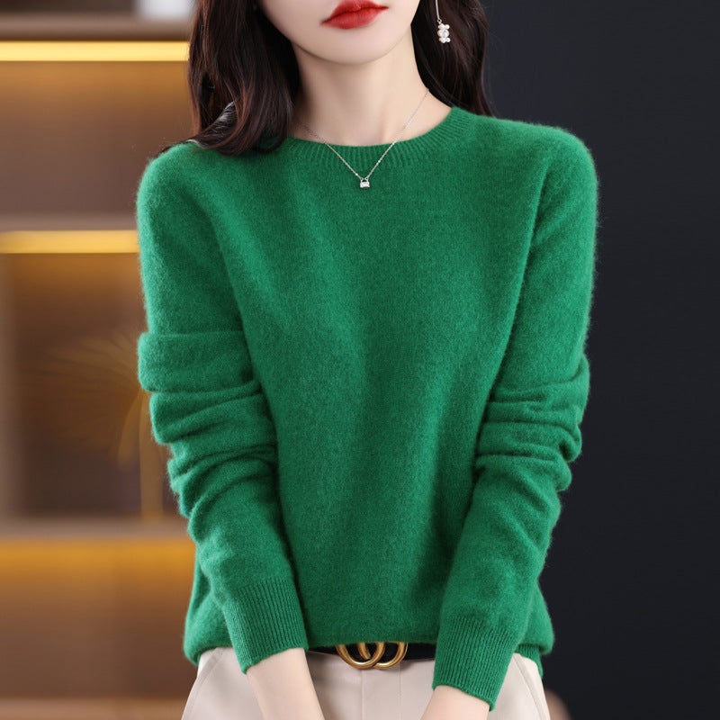 Woolen sweater womens solid color round neck 23 new long sleeve seamless knitted first-line garment wool sweater undershirt Emerald