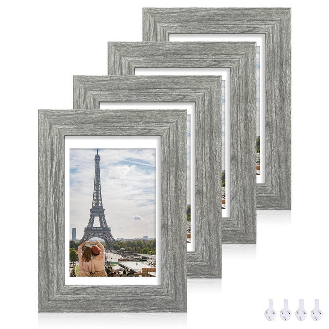 5X7 PICTURE FRAME SET OF 4 MADE OF REAL GLASS AND GREY WOODEN FRAME 5 BY 7 PHOTO FOR WALL OR TABLETOP DISPLAY PICTURE 4X6 WITH MAT OR 5X7 WITHOUT MAT