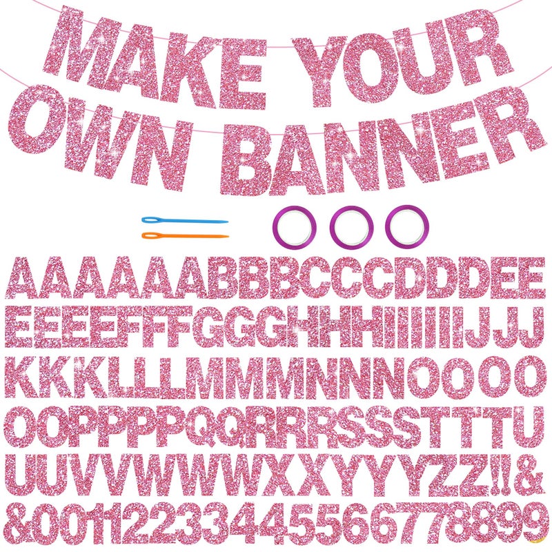 BEISHIDA 116 PCS A-Z Glitter Pink DIY Letter Banner Kit Make Your Own Bannerï¼ŒIncluding 111 Letters and Numbers 3 Rope and 2 Threading Device,Customized for Birthday Graduation Wedding Party Decor - Image 1