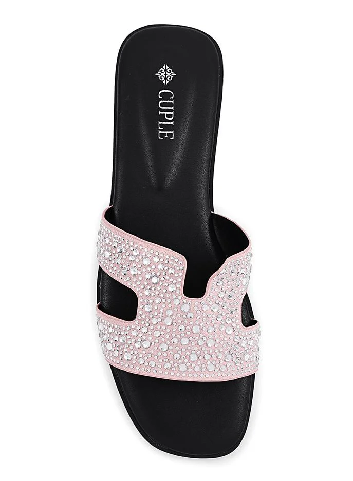 Cuple Khaki Cuple Embellished Double Strap Flat Slides for Women | Best Price UAE