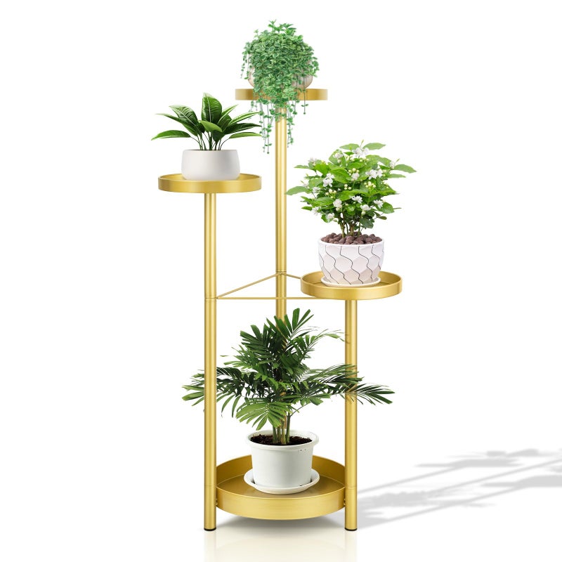 Matekxy Metal Plant Stand Indoor Outdoor 4Tiper with 4 Flower Pot Holders Corner Tall Plant Shelves Multiplel Foldable Planter Rack Display Shelves for Livingroom Bedroom Office  Gold