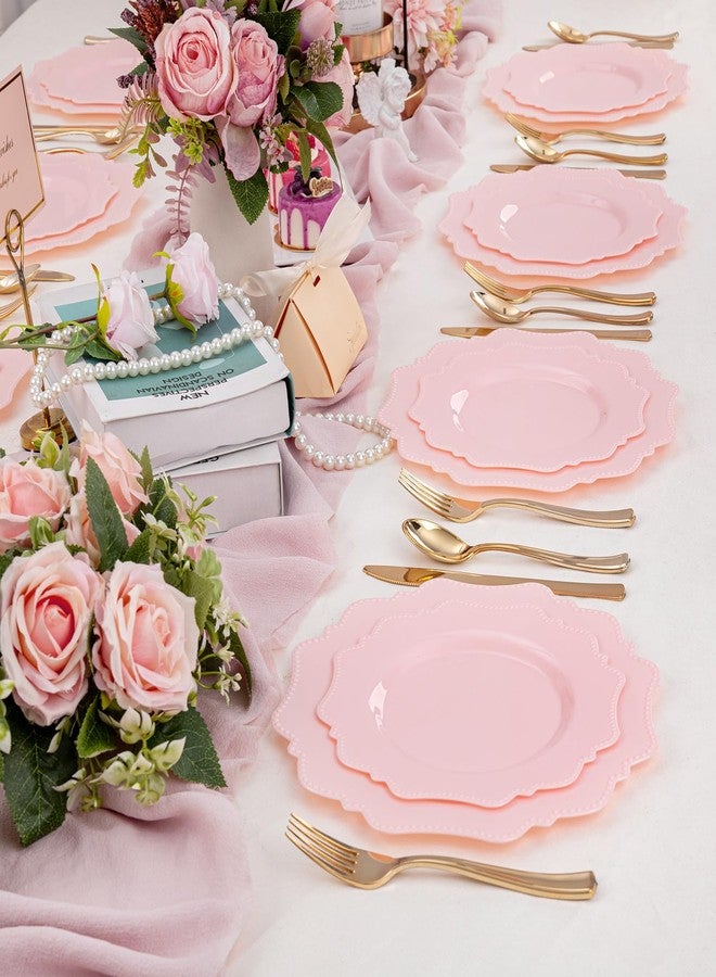 COLOSUS 100 Pcs Pink Plastic Plates Set, Nice Disposable Plates,Pink Disposable plates Set for 50 Guest include 50 Dinner Plates&50Dessert plates for Party,Wedding, Birthday, New Year. - Image 5