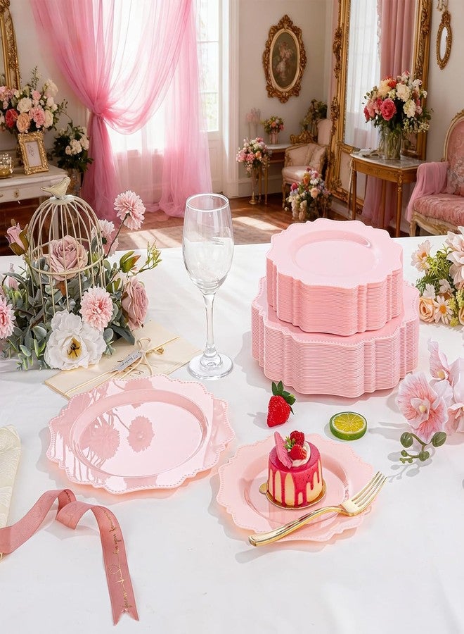 COLOSUS 100 Pcs Pink Plastic Plates Set, Nice Disposable Plates,Pink Disposable plates Set for 50 Guest include 50 Dinner Plates&50Dessert plates for Party,Wedding, Birthday, New Year. - Image 3