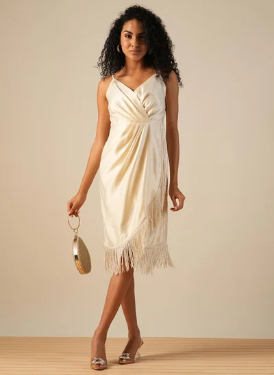 globus Globus Women Sweetheart Neck Strappy Shoulder Pleated Fringed Tulip Hem Bodycon Party Dress