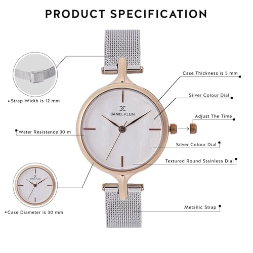 Daniel Klein Analog Silver Round Dial Rose Gold Case Silver Mesh Strap Water-Resistant Wrist Watch for Women Girls, Ladies DK11914-2 - Image 5