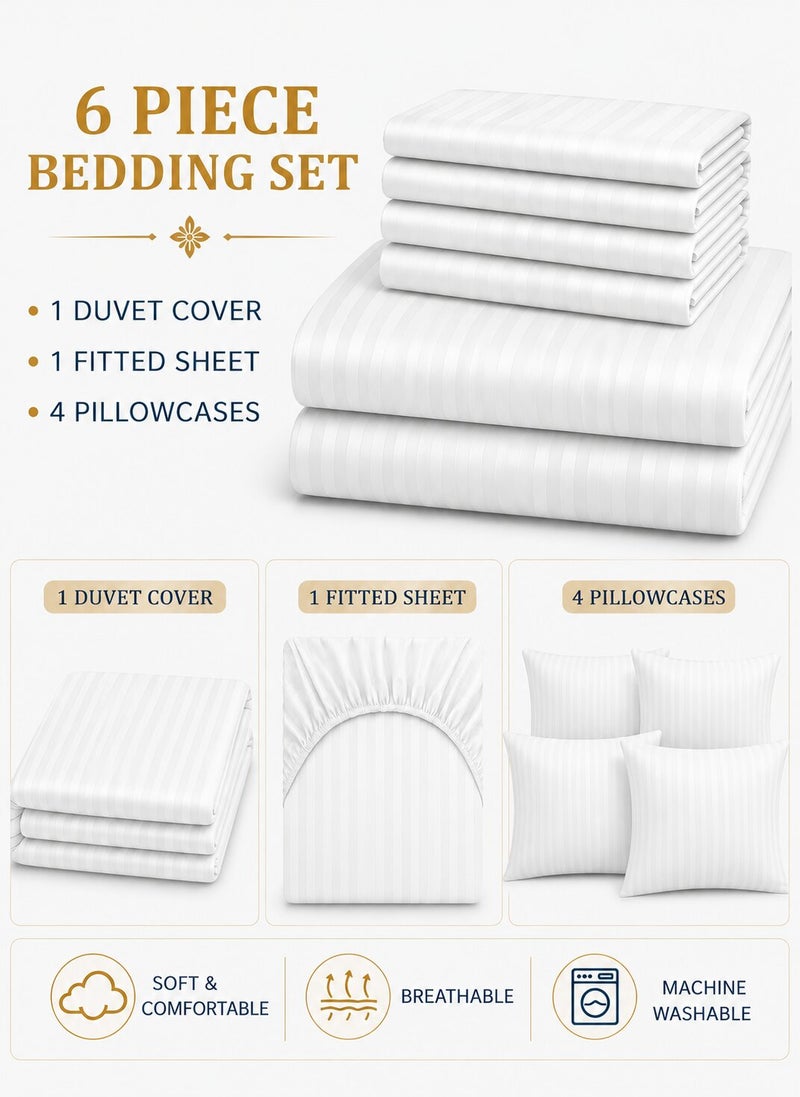 Aristocrat 6-Piece Stripe Microfiber Duvet Cover Set | Queen | Includes 1 Duvet Cover (220x240cm), 1 Deep Pocket Fitted Sheet (180x200+30cm) & 4 Pillowcases (53x75+15cm) | Ultra Soft, Breathable & Wrinkle Resistant | white - Image 2