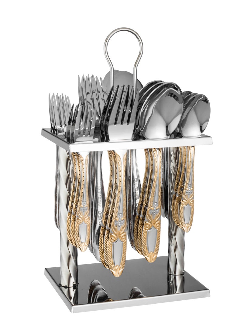 اباريك الصفا طقم ملاعق سفرة استانلس استيل مع ستاند 24 قطعة فضي ذهبي - Image 1