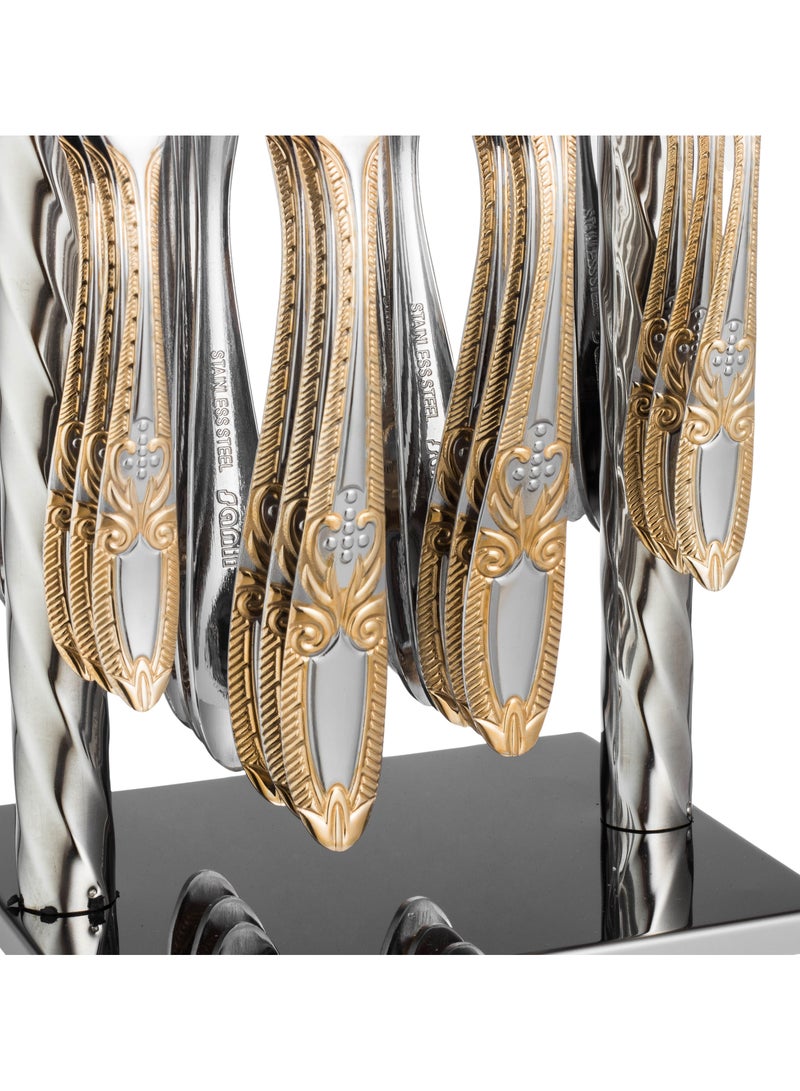 اباريك الصفا طقم ملاعق سفرة استانلس استيل مع ستاند 24 قطعة فضي ذهبي - Image 3