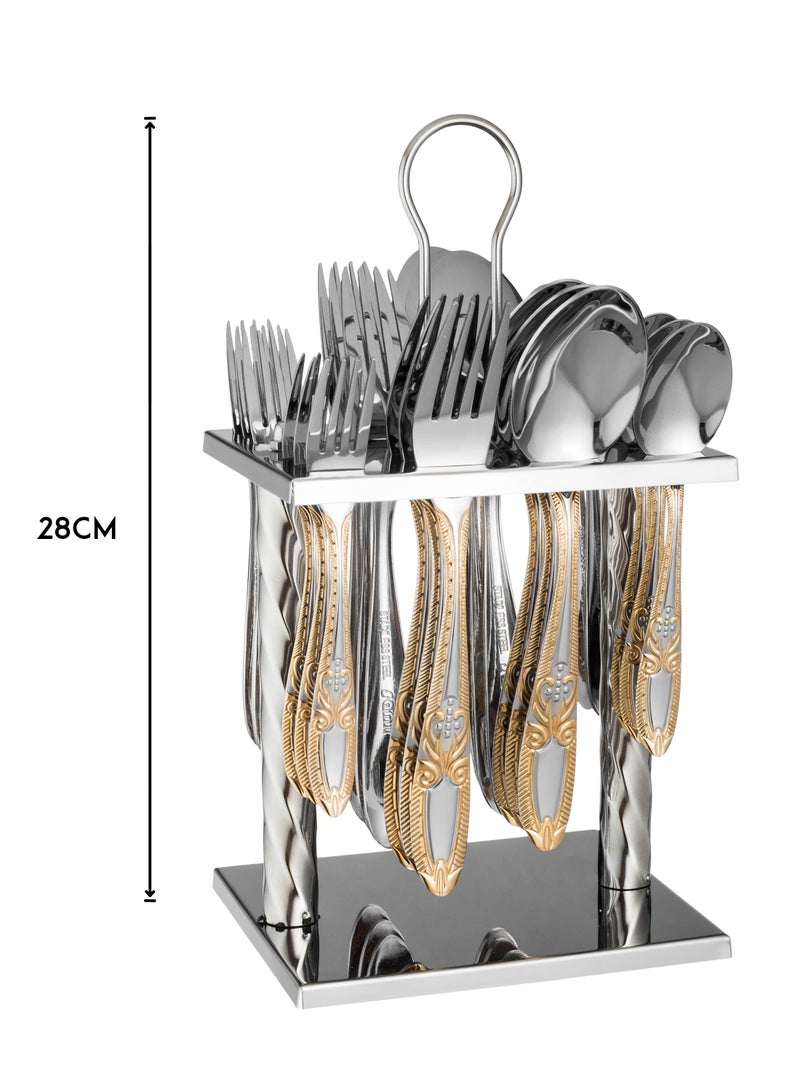 اباريك الصفا طقم ملاعق سفرة استانلس استيل مع ستاند 24 قطعة فضي ذهبي - Image 4