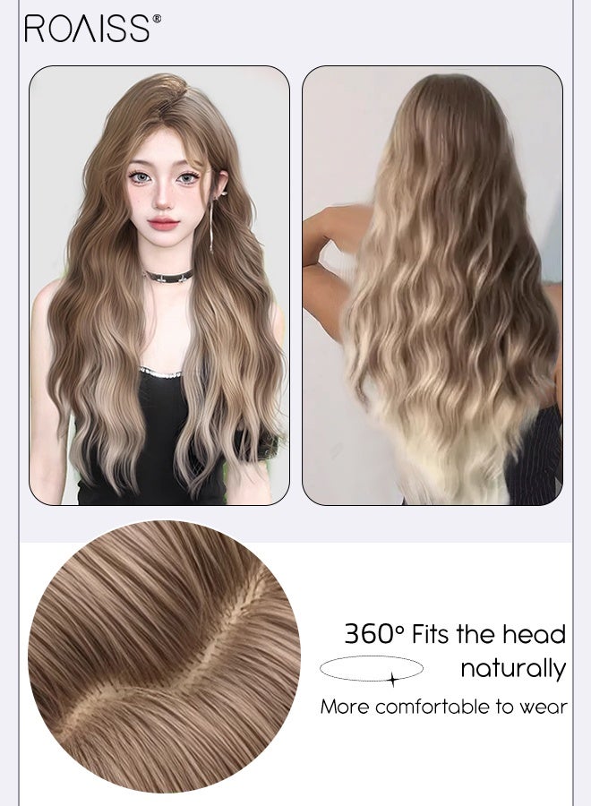 رويس باروكة شعر مموجة ذهبية متدرجة اللون مع غرة منقسمة من المنتصف للنساء من ألياف صناعية مقاومة للحرارة ذات مظهر طبيعي لحفلات الزفاف والتنكر للاستخدام اليومي 60 سم (23.6 بوصة) - Image 3