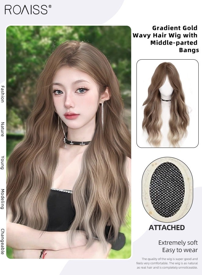 رويس باروكة شعر مموجة ذهبية متدرجة اللون مع غرة منقسمة من المنتصف للنساء من ألياف صناعية مقاومة للحرارة ذات مظهر طبيعي لحفلات الزفاف والتنكر للاستخدام اليومي 60 سم (23.6 بوصة) - Image 1