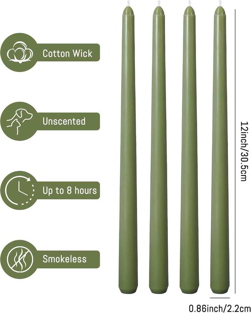 Viyffo Taper Candles, 12 Inch, 4 Pack, Olive Glow – Unscented, Dripless & Smokeless Design, Up to 8 Hour Burn – Long Tall Taper Candlesticks for Wedding, Dinner & Home Decor - Image 3