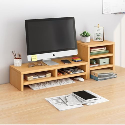 MUGATH Double Layer Computer Monitor Stand Riser with 3-Layer Independent Storage Rack,Desktop Organizer, Wooden Computer Monitor Stand for TV Screen, Laptop, Printer, for Home & Office - Image 1