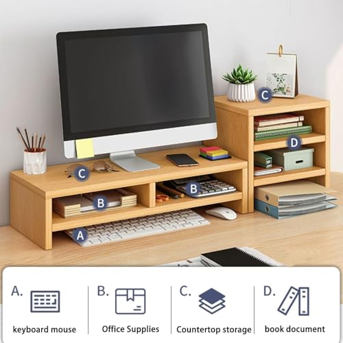 MUGATH Double Layer Computer Monitor Stand Riser with 3-Layer Independent Storage Rack,Desktop Organizer, Wooden Computer Monitor Stand for TV Screen, Laptop, Printer, for Home & Office - Image 3