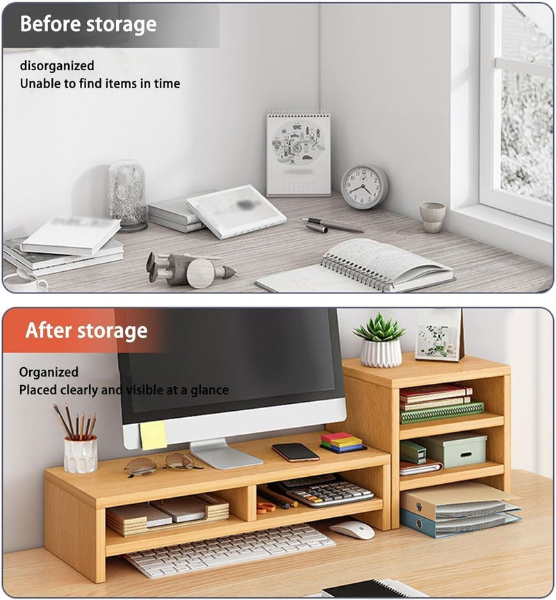 MUGATH Double Layer Computer Monitor Stand Riser with 3-Layer Independent Storage Rack,Desktop Organizer, Wooden Computer Monitor Stand for TV Screen, Laptop, Printer, for Home & Office - Image 4