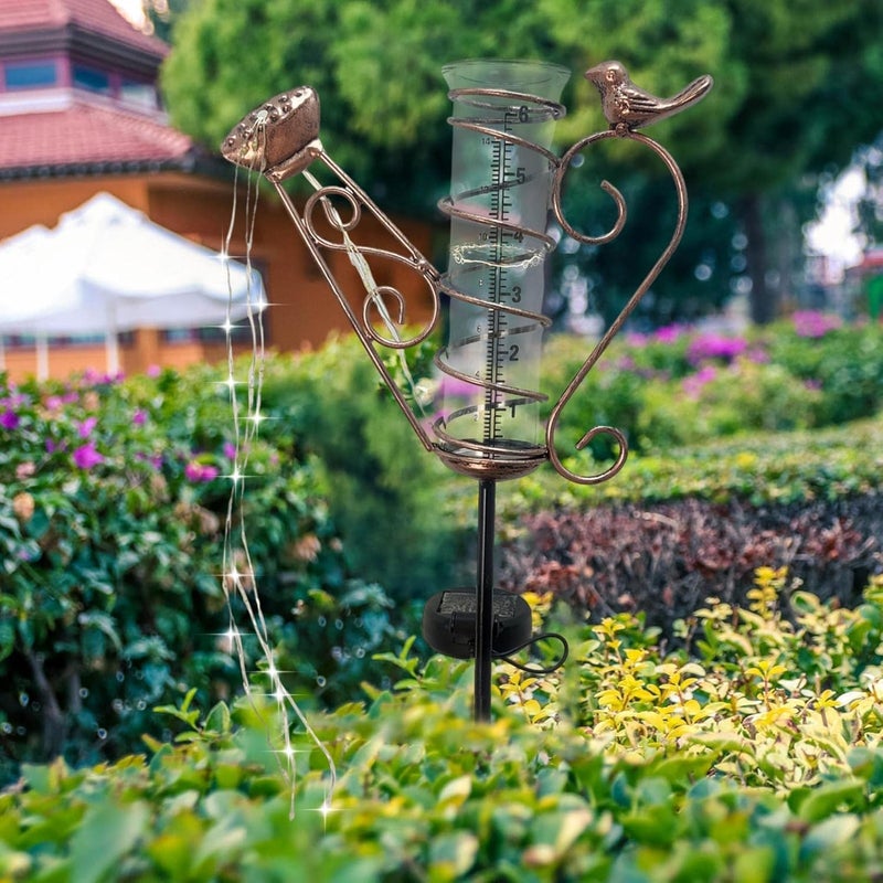 3 Pcs Large Rain Gauge - Solar Powered Garden Rain Gauge with LED Lights | Outdoor Decorative with Waterproof Large Glass Tube for Yard Garden Patio - Image 2