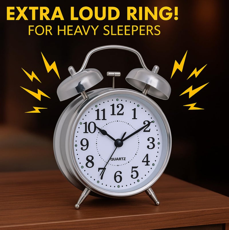 Vaanar Sena Retro Twin Bell Alarm Clock – Classic Metal Frame Table Clock with Night Backlight, Silent Sweep Movement, Loud Alarm for Heavy Sleepers, Ideal for Bedroom, Office, Living Room & Home Décor (Silver) - Image 2